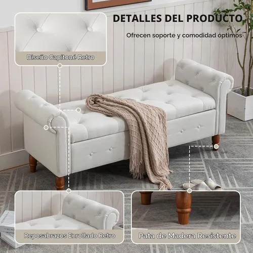 Vista 6 de NIOIIKIT Banco Otomano de Almacenamiento de 160 cm, Banco de Entrada con Botones Acolchados, Banco Largo de Brazos Enrollados para Dormitorio, Sala