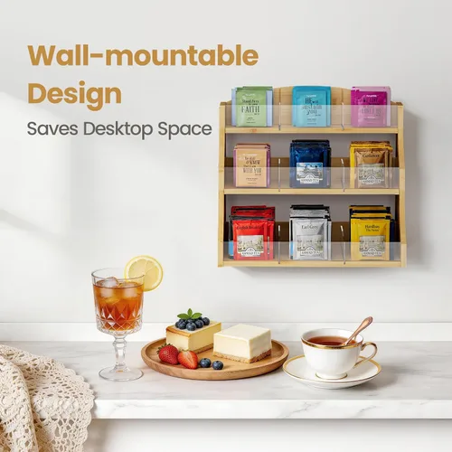Vista 6 de Organizador de bolsas de té de bambú de 3 capas, baúles de té con divisor acrílico extraíble, soporte para té para encimera, oficina, cocina, madera