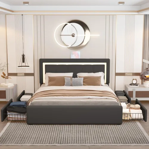 Vista 9 de Base de cama Queen con cabecera ajustable, plataforma tapizada con luces LED RGB, 4 cajones de almacenamiento y estación de carga (1 USB 1 tipo C)