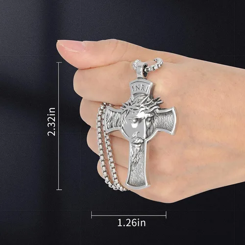 Vista 5 de Colgante de cruz de Jesús para espejo retrovisor de coche, accesorios de decoración, collar de cruz de acero inoxidable, regalo cristiano