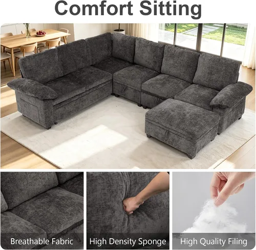 Vista 7 de 108" sofá seccional modular del durmiente, forma de L sacó el sofá cama con Gris