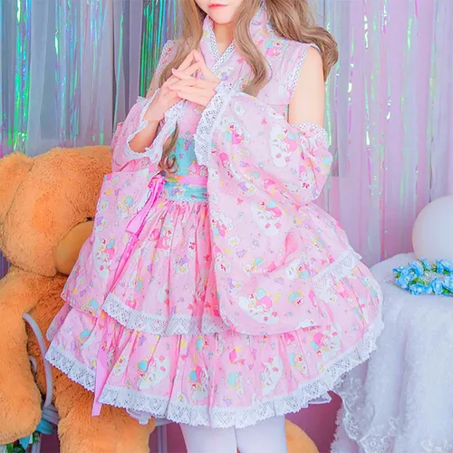 Vista 4 de BelugaDesign Vestido Kawaii Lolita Lindo juego de 8 piezas rosa pastel Falda camisa, cinturón manga lazo para mujer