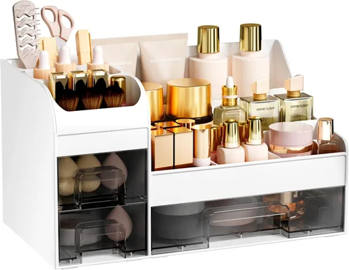 Vista 7 de Organizador de maquillaje extra grande para tocador, organizador de encimera con cajones y soporte para cepillos, organizador de colonia para hombre
