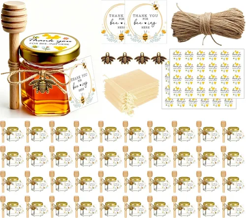 Vista 9 de Adabocute Paquete de 20 mini tarros de miel con gotero, perfectos para regalos de baby shower y recuerdos de boda, incluye etiquetas colgantes