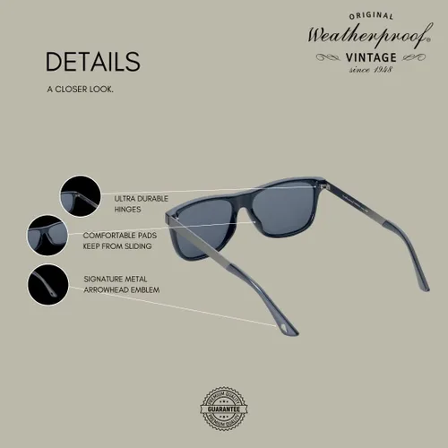 Vista 5 de Weatherproof Vintage Gafas de sol de diseñador para hombres y mujeres, protección UV400, marco cuadrado duradero con patillas de metal mate y punta