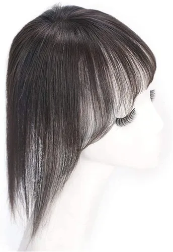 Vista 2 de Extensión de cabello humano liso con flequillo, 3 x 4 pulgadas, extensiones invisibles de seda para mujer, 6 pulgadas, marrón oscuro