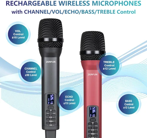 Vista 4 de Sistema de micrófono inalámbrico recargable de 4 canales Pro, micrófonos inalámbricos de mano UHF con control VOL Echo Treble BASS, pantalla LCD