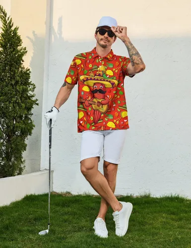 Vista 5 de NELife Camisas de golf para hombre, estampado Dry Fit, manga corta, polo de alto rendimiento, absorbe la humedad, camiseta de tenis con cuello