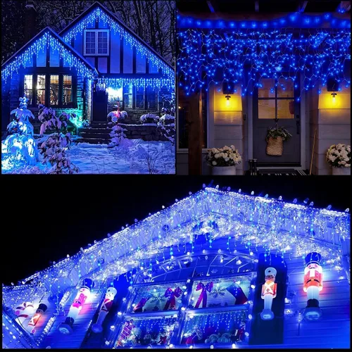 Vista 7 de Luces solares de Navidad de 320 LED, luces de cortina impermeables para decoraciones navideñas al aire libre, 29.5 pies, 60 gotas, 8 modos, luces
