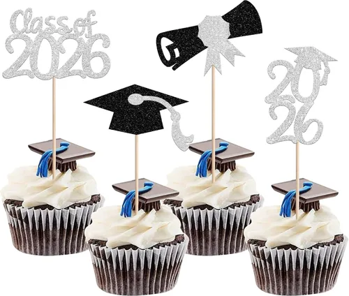 Vista 35 de 30 piezas de decoración para cupcakes de graduación para la clase de 2026 con purpurina brillante para el futuro diploma hecho 2026 Felicidades