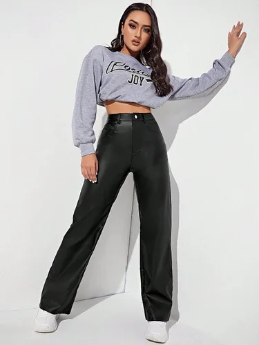 Vista 5 de MakeMeChic Pantalones de mezclilla elásticos de cintura alta y pierna recta para mujer