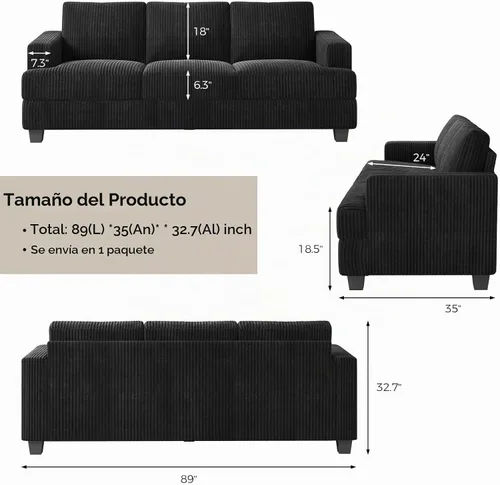 Vista 2 de COPIAE - Sofá con asiento profundo de 89 pulgadas, sofá de pana de 3 plazas Negro