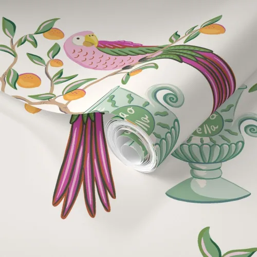 Vista 2 de Muestra de papel tapiz extraíble – Pájaros botánicos tropicales loro cítrico floral caprichoso vid hojas naranja limón italiano personalizado