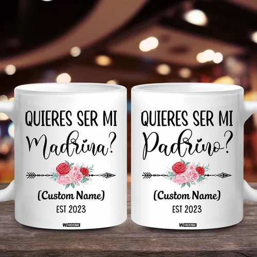 Vista 4 de WHIDOBE Personalizado Quieres Ser Mi Madrina, Padrino De Bautizo, Bautizo Recuerdos Juego De 2 Tazas 2023, Propuesta de Padrinos de Dios, Quieren