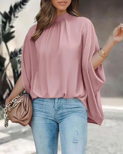 Vista 52 de BTFBM Blusas de verano para mujer, cuello alto falso, manga murciélago, holgadas, dobladillo alto y bajo, blusas informales de gran