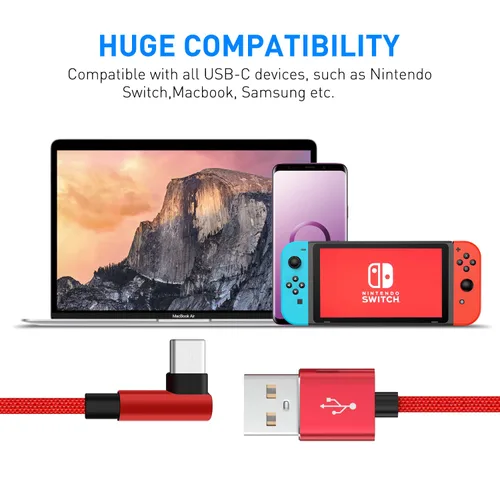 Vista 7 de Cable de carga para NS Switch and Switch LiteOLED y Pro Controller Paquete de 2 cables extralargos de punta de 90 grados de nailon trenzado USB C a