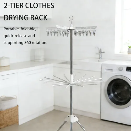 Vista 7 de Estante de secado de ropa que ahorra espacio, trípode de acero de 64 pulgadas, plegable, con 4 brazos giratorios para 24 perchas, 3 patas, para 30