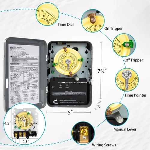 Vista 2 de Interruptor de temporizador mecánico T101, 120 V 40 A SPST, 2 HP para temporizador de luz exterior, calentador de agua, HVAC y bomba de piscina, 12