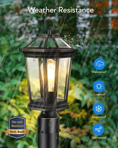 Vista 6 de VIANIS Luces de poste de lámpara para exteriores con sensor de atardecer a amanecer, accesorios de luz de poste de calle de triple cabeza, postes