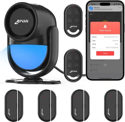 Vista 20 de CPVAN Alarma con sensor de movimiento WiFi, detector de movimiento PIR inteligente de 125 dB con alertas de aplicación de teléfono, sistema