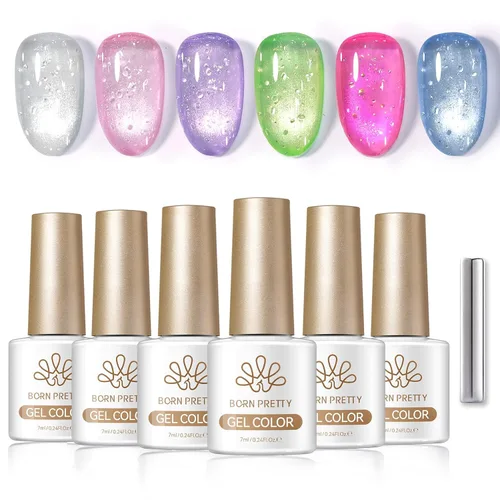 Vista 36 de Born Pretty Esmalte de uñas de gel magnético de ojos de gato verde, 6 colores brillantes con purpurina de cristal holográfico, salvia, oliva