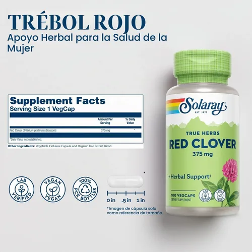 Vista 2 de Solaray Flor de trébol rojo, tapa vegetal (Btl-plástico) 375mg 100ct