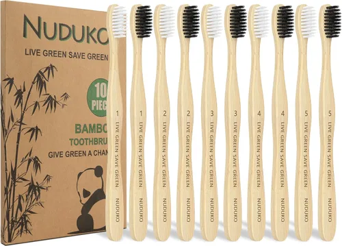 Vista 14 de NUDUKO Cepillos de dientes de bambú biodegradables, paquete de 10 unidades, ecológico, cepillo de dientes de madera natural, sin BPA