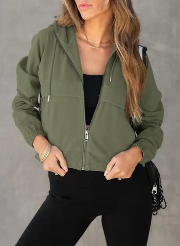 Vista 4 de Dokotoo Sudaderas con capucha recortadas con cordón y cremallera para mujer, sudadera con bolsillos a la moda de otoño 2023