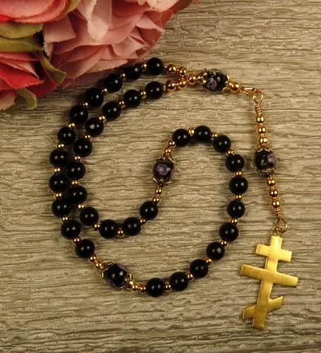 Vista 5 de Handmade Rosary Eastern Orthodox Greek Chotki Black Shell Pearls and Gold Tone Orthodox Cross