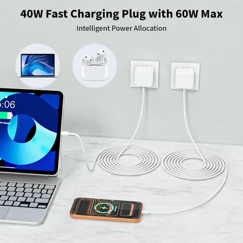 Vista 3 de Cable USB C largo trenzado de 10 pies, 1 paquete de cargador de iPhone 17 de 40 W con enchufe plegable máximo de 60 W, cargador de iPhone de carga