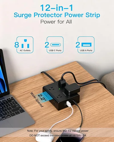 Vista 2 de One Beat Regleta protectora de sobretensiones, cable de extensión plano ultrafino de 6 pies con 8 tomas, 4 puertos USB (2 USB C), regleta