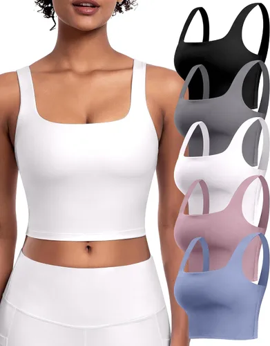 Vista 17 de Sujetadores deportivos para mujer, paquete de 5 unidades, cuello cuadrado, camiseta corta sin mangas acolchada para yoga con almohadillas integradas