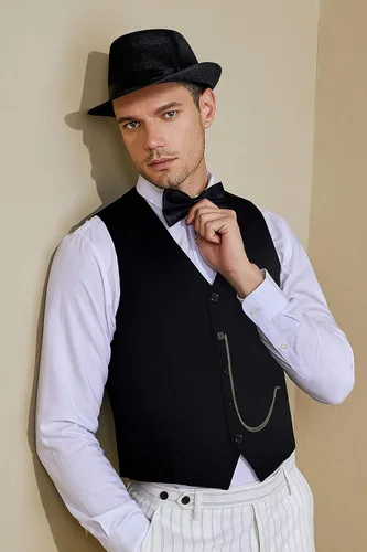 Vista 2 de BABEYOND - Disfraz de hombre de los años 1920, set de accesorios para disfraz de gángster de Gatsby con chaleco vintage, corbata, reloj de bolsillo