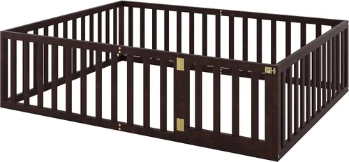 Vista 4 de Bellemave Cama de suelo de madera tamaño Queen para niños, cama Montessori con barandillas en forma de valla y puerta, para niños, niños y niñas
