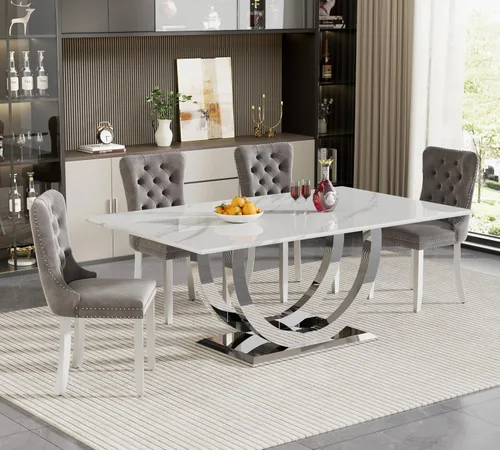 Vista 8 de HomVent Juego de mesa de comedor rectangular para 4, juego de mesa de cocina rectangular, juego de mesa de comedor de mármol sintético, juego