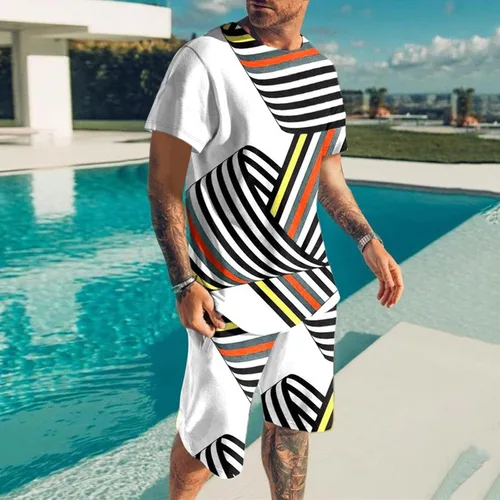 Vista 2 de OICIB Conjunto de 2 piezas de verano para hombre, camiseta casual de manga corta y pantalones cortos deportivos de ajuste clásico