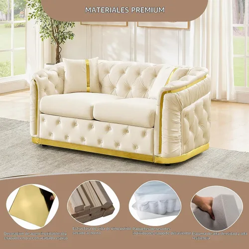Vista 3 de Sofá Chesterfield de 62.6 pulgadas, moderno de mediados de siglo, sofá de terciopelo blanco beige y dorado, sofás de lujo para sala de estar