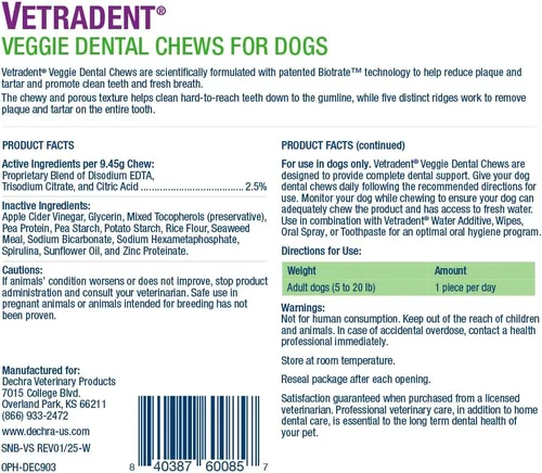 Vista 2 de Vetradent® Masticables dentales vegetarianos para perros pequeños Tecnología Biotrate™; Sin ingredientes de trigo o soja; sin sabores ni