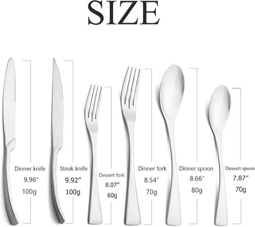 Vista 3 de Juego de cubiertos de plata mate con cuchillo para carne, 24 piezas de cubiertos pesados de acero inoxidable 18/10, juego de utensilios generosos