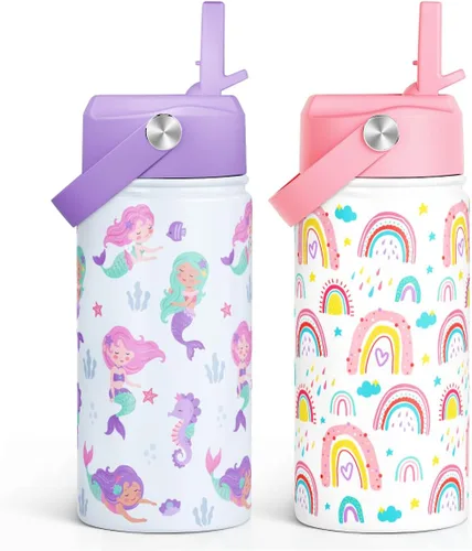 Vista 35 de SANDJEST Botella de Agua para Niños con Tapa de Pajita - 12 Oz Botella de Acero Inoxidable Aislada con Dibujo de Animales para Niños y Niñas - Taza