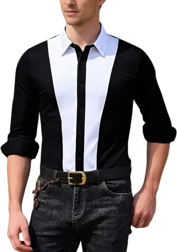 Vista 8 de Camisa de vestir para hombre, empalme elástico sin arrugas, manga larga, con botones, para playa