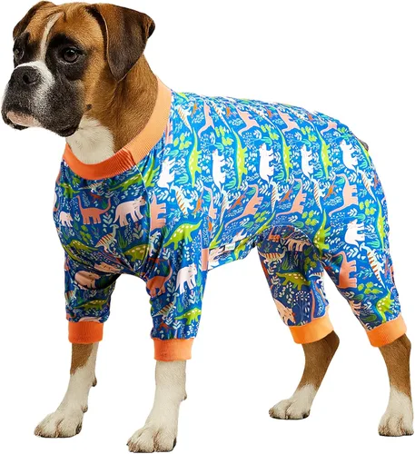 Vista 16 de LovinPet Mono grande para perros, camisas elásticas de algodón con estampado de animales, ropa completa para perros perfecta para evitar que lamen