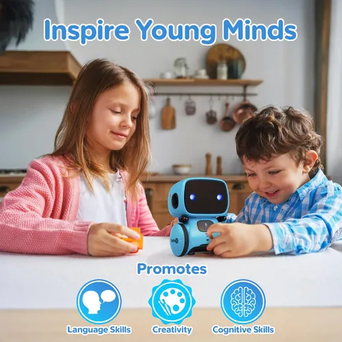 Vista 2 de Contixo R1 Juguete robot para niños, robots inteligentes interactivos azules con control de voz, que hablan, bailan, aprenden, sensor táctil