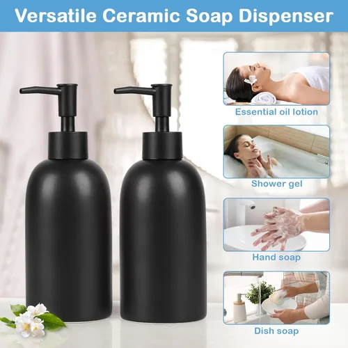 Vista 6 de Natheeph Dispensador de jabón de cerámica de 14 onzas, dispensador de jabón de cerámica, puede llenar líquido para baño/cocina (2 unidades, negro)
