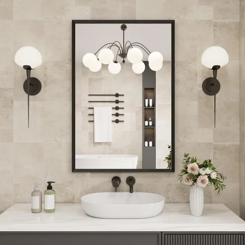Vista 61 de JISOSO - Espejo de baño negro de 20x30 pulgadas con marco de metal negro, espejo de tocador rectangular redondeado con acabado mate para pared