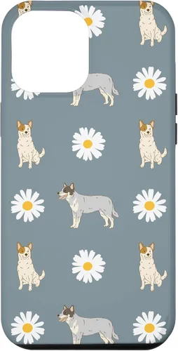 Vista 25 de Funda azul para iPhone 16 con diseño de perro Heeler y margarita azul polvoriento
