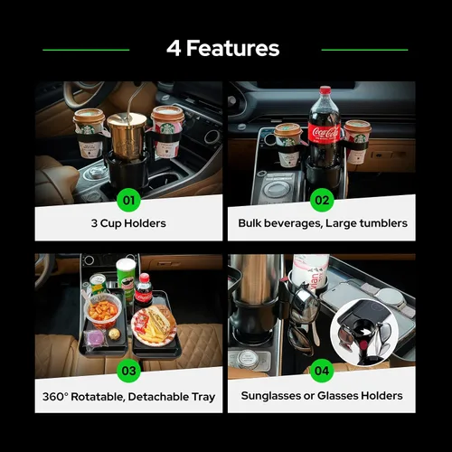 Vista 3 de Expansor triple de portavasos para automóvil con bandeja acoplable, base ajustable y para botellas grandes