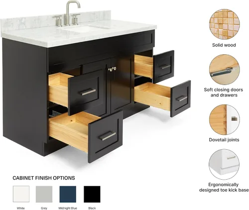 Vista 5 de ARIEL Hamlet - Mueble de baño de 54 pulgadas con fregadero, madera maciza, encimera de mármol italiano de Carrara de 1.5 pulgadas, fregadero
