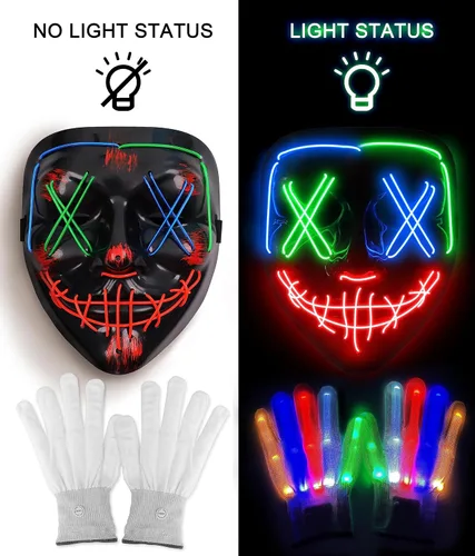 Vista 2 de Juego de guantes de esqueleto de máscara de Halloween, disfraces de Halloween, regalos para hombres, mujeres, niños y niñas, 3 modos de luz LED
