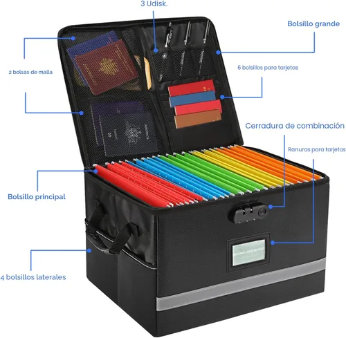 Vista 2 de EXLIFBAG Organizador de archivos, caja de archivos ignífuga con tapas, caja organizadora de documentos importante con cerradura, organizador